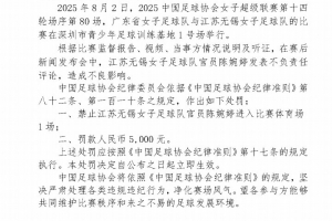 官方：江蘇女足主帥陳婉婷發(fā)表不負(fù)責(zé)任言論，停賽1場罰款5000元